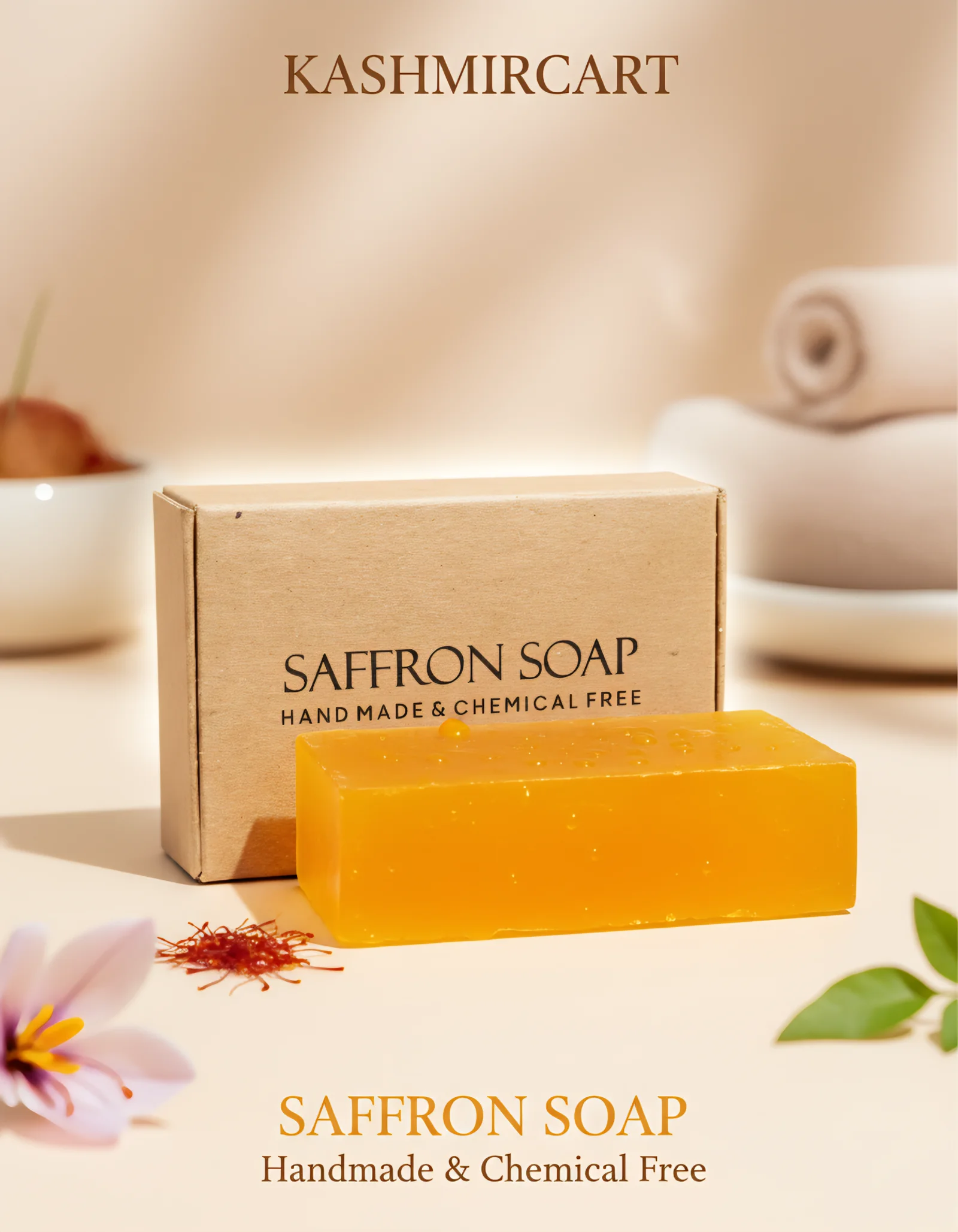 KASHMIRCART Luxury Kashmiri Saffron Soap 100g – Handmade & Chemical Free Herbal Bath Soap