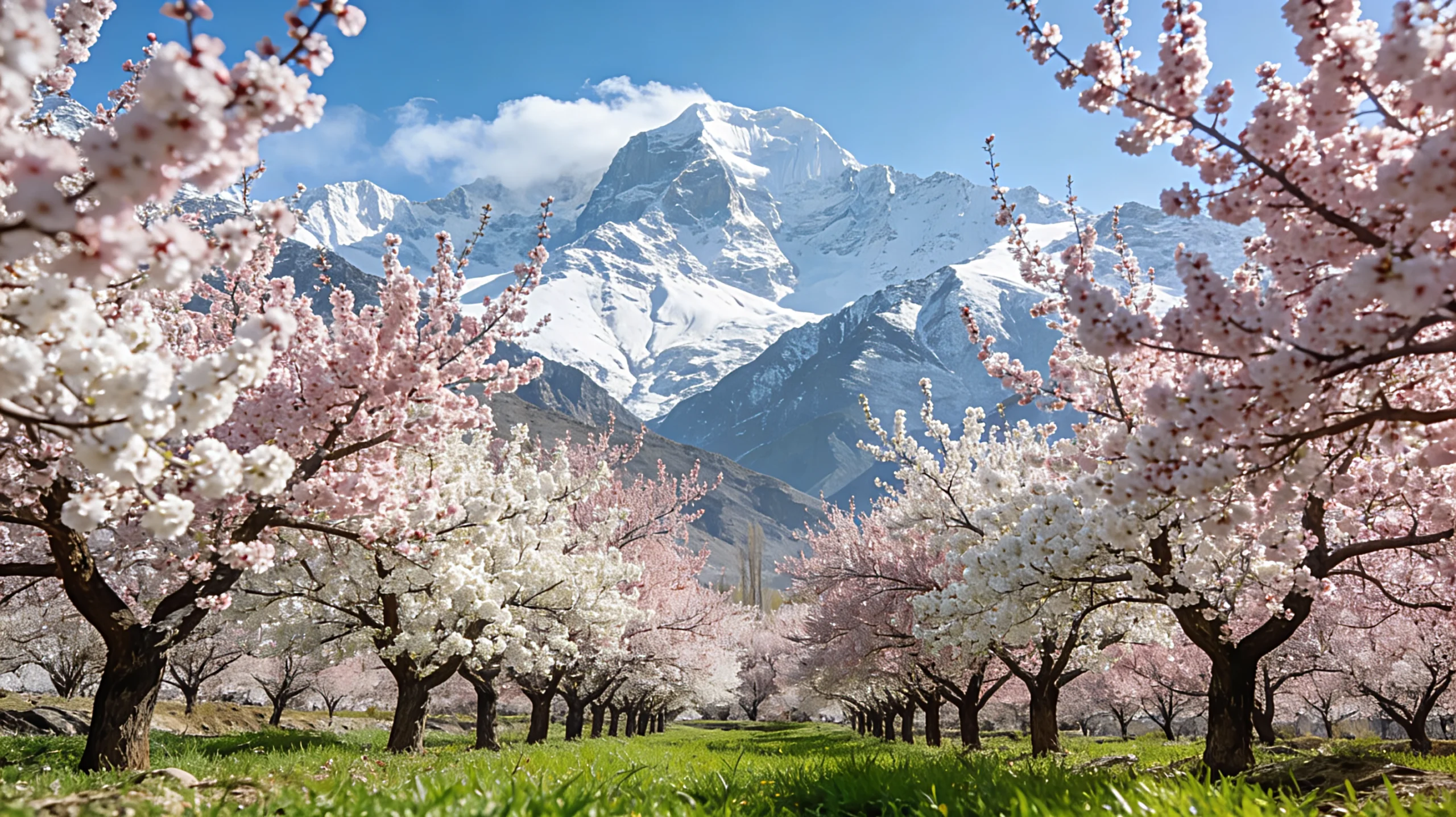 Wide shot of Kashmiri almond trees in orchard